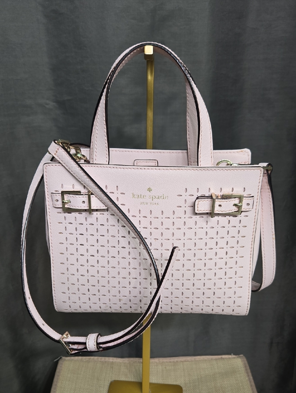 Like-new!  Pale Pink Perforated Leather Satchel with Crossbody Strap